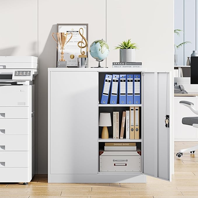 Letaya Metal Storage Cabinets with Lock Door,2 Adjustable Shelves Organizer Steel Storage Cabinets for Home,Office,Warehouse,Garage,Employee Lockers(White)