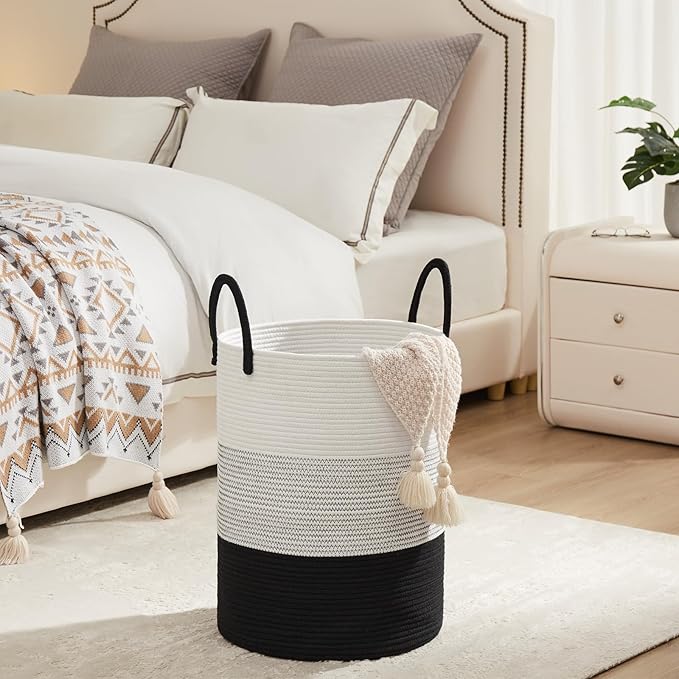 Fiona's magic Cotton Rope Laundry Hamper, Tall Woven Laundry Basket Storage, Baby Nursery Hamper for Blankets, Toys and Clothes Hamper for Bedroom and Living Room Organizing, 72L, Black & White