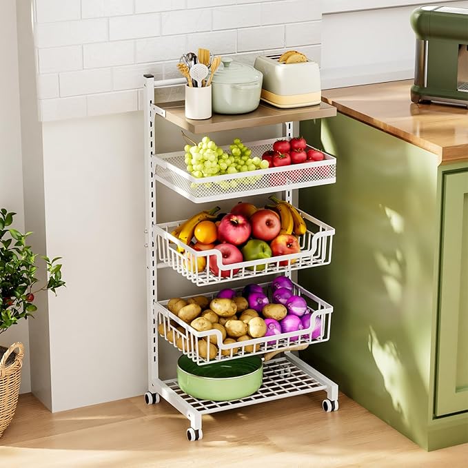 HapiRm Fruit Basket Kitchen Cart - 5 Tier Adjustable Vegetable Storage Rack, Large Capacity Rolling Kitchen Carts on Wheels for Snack Onion and Potato Storage