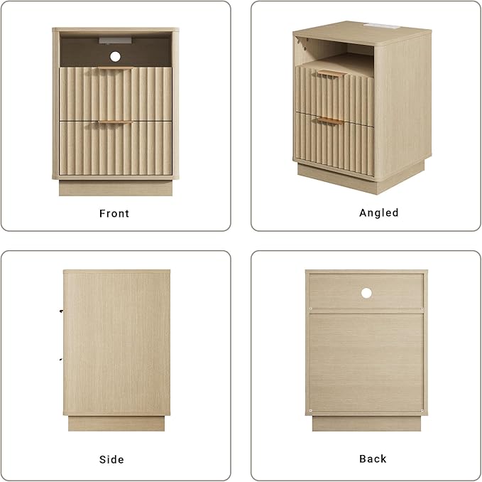 Fluted Night Stand Set of 2 with Charging Station, 18" Mid-Century Modern Nightstand, 2 Drawers End Table with Storage, Bedside Table for Bedroom Home Office, Curved Profile (Natural Oak)