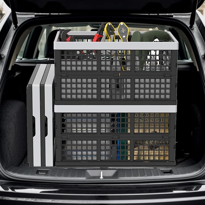 Collapsible Utility Crate Storage Bin, Folding Plastic Stackable Utility Crates, Black, 2PK - 42L