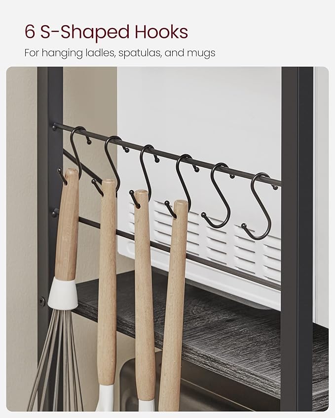 VASAGLE Baker's Rack, Microwave Stand, Kitchen Storage Rack with Wire Basket, 6 Hooks, and Shelves, for Spices, Pots, and Pans, Charcoal Gray and Ink Black UKKS035B04