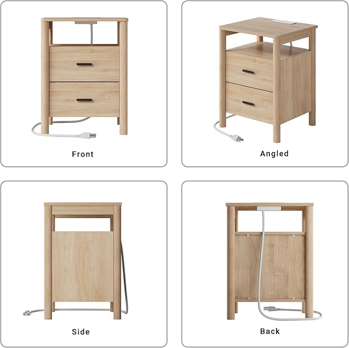 Night Stand with Charging Station, 20" Large Modern Side Table with Solid Round Post Legs, 2 Drawers End Table with Open Shelf, Nightstand with Storage for Bedroom, Natural Oak