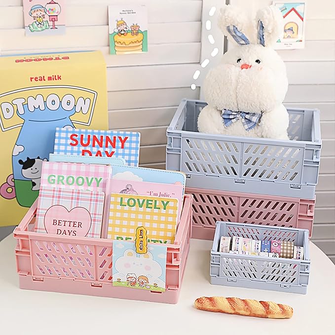 Plastic Storage Baskets for Desk Organizing, Office Drawer Organizer, 2 Medium+2 Small Durable Folding Storage Crate for Home Kitchen Classroom Office Bedroom and Bathroom Storage (White)