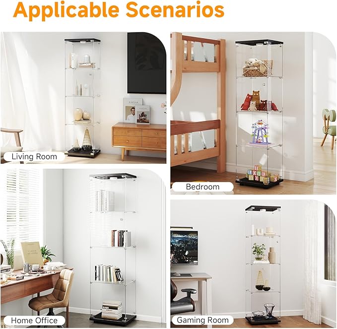 Tempered Glass Display Cabinet with Lights, 4-Tier Curio Cabinet with Glass Doors and Lock, Glass Display Case for Collectibles, for Living Room, Bedroom, Office, Black, Single Door