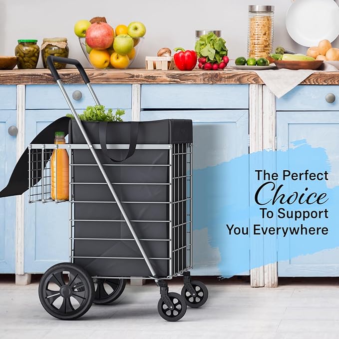 Shopping Cart w/Waterproof Basket Liner & 360° Swivel Wheels | Foldable Collapsible & Lightweight | Perfect for Groceries Laundry Utility Cart - Silver