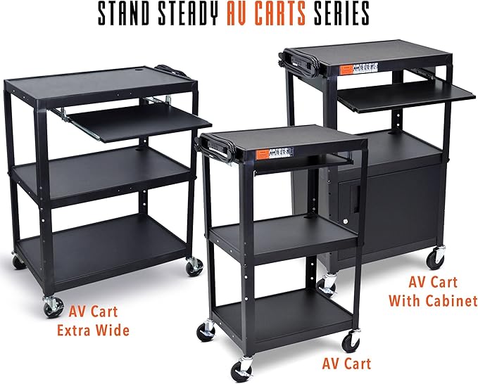 Stand Steady AV Cart with Locking Cabinet, Adjustable Height, UL Certified, Steel Frame, Black