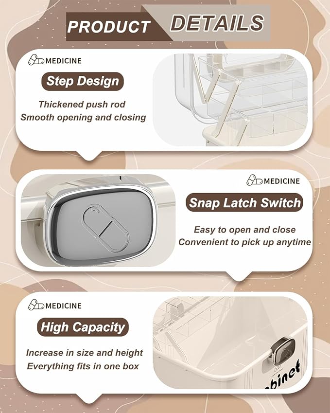 3-Tier Folding Medicine Cabinet Organizer with Handle, Clear Portable Medicine Storage Box for Home, Multifunctional First Aid Caddy with Secure Latches, Large Capacity Medical Supply Organizer