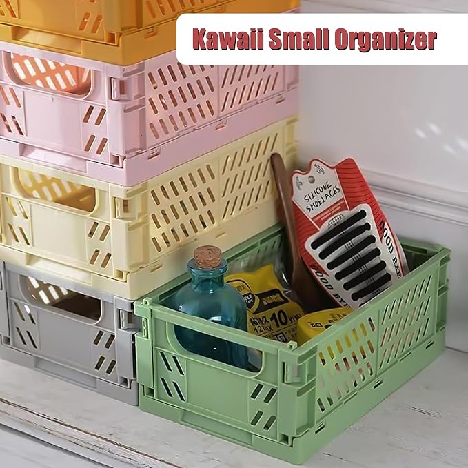 Pastel Plastic Storage Baskets 2 Pack, Collapsible Crates for Organizing, Space-Saving Bins for Kitchen, Office, Bedroom (Orange, Small: 5.8"x 3.8" x 2.2")