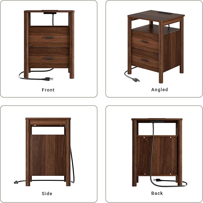Night Stand with Charging Station, 20" Large Modern Side Table with Solid Round Post Legs, 2 Drawers Nightstand with Open Shelf, End Table/Bedside with Storage for Bedroom, Walnut