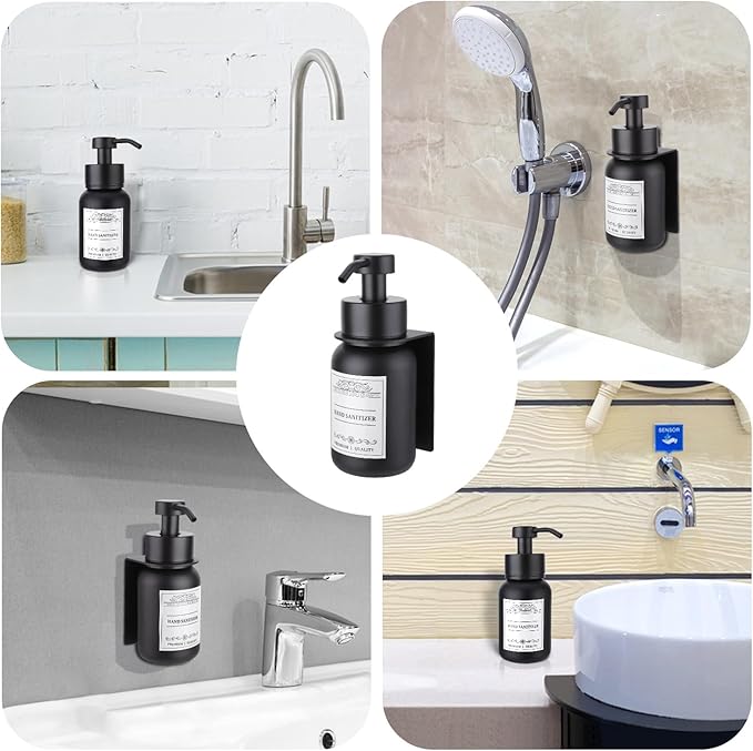 Black Glass Soap Dispenser Wall Mount for Bathroom with Pump and Drill-Free Holders - 8.5 Oz Hand Soap Dispenser, Shower Dispenser with Waterproof Labels