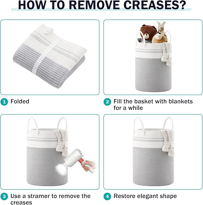 YOUDENOVA Woven Rope Laundry Hamper Basket, 58L Tall Luandry Basket, Baby Nursery Hamper for Blanket Storage, Clothes Hamper for Laundry in Bedroom-Grey