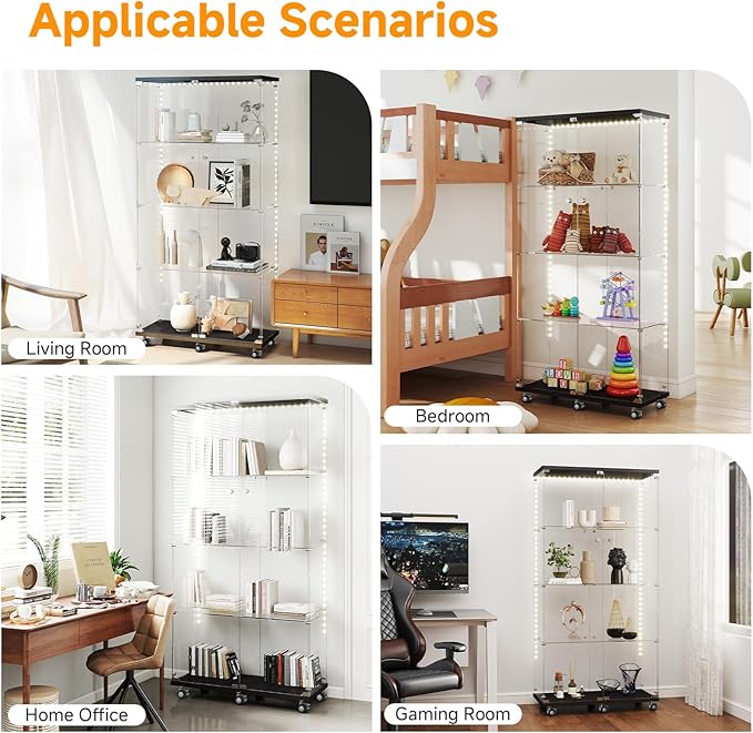 Tempered Glass Display Cabinet with Light Strip, 4-Tier Curio Cabinet with Glass Doors Wheels Locks, Glass Display Case for Collectibles for Living Room, Bedroom, Office, Black, Double Door