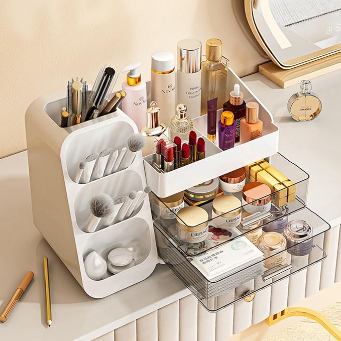 Makeup Organizer with Drawers,Large Capacity Countertop Organizer for Vanity,Bathroom and Bedroom Desk Cosmetics Organizer,Easy To Storage Skincare,Brushes,Lotions,Lipstick (White)