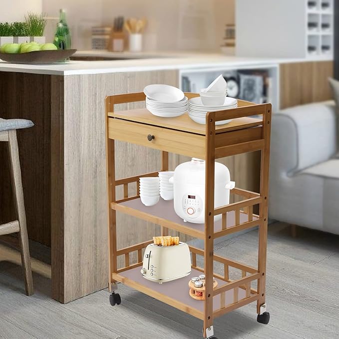 3 Tier Bamboo Storage Cart - Rolling Cart Removable Wood Trolley wit, Utility Cart Multi-Layer Storage Shelf Rack Bamboo Wine Rack with Wheels for Bar Dining Room Office Kitchen Kids' Room