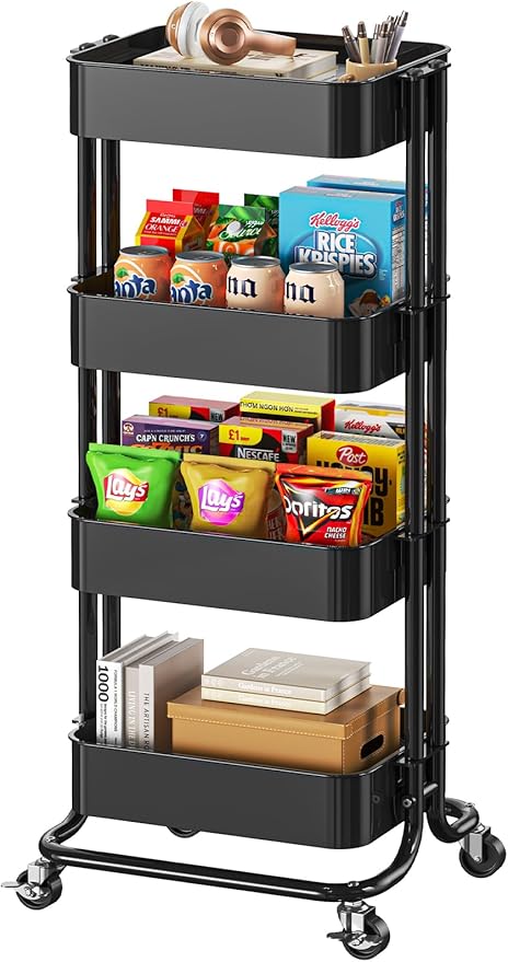 Pipishell 4 Tier Metal Rolling Utility Cart, Heavy-Duty Storage Rolling Cart with 2 Lockable Wheels, Multifunctional Mesh Organization Utility Cart for Kitchen Dining Room Living Room, PIUC13B
