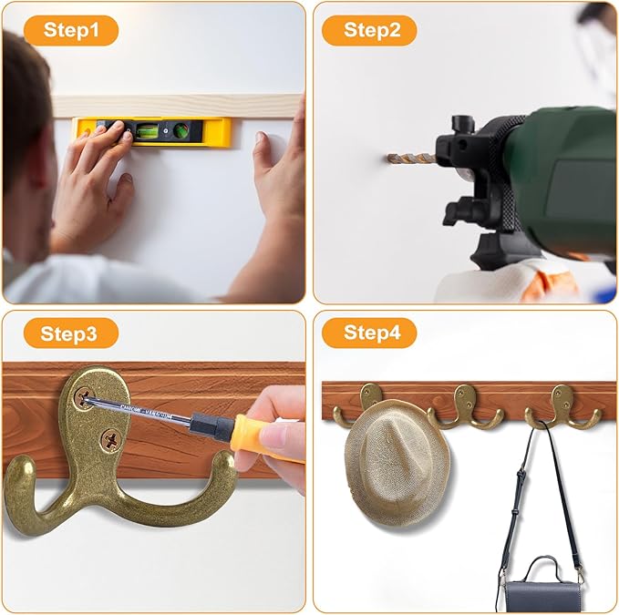 10 Pack Coat Hooks Wall Hooks for Hanging, Heavy Duty Double Prong Metal Hook Wall Mounted for Living Room, Bathroom, Kitchen, Bedroom for Coat, Bag, Scarf, Towel, Hat, Key, Cup (Bronze)