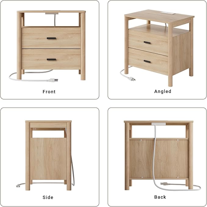 Night Stand Set of 2 with Charging Station, 24" Large Modern Side Table with Solid Round Post Legs, 2 Drawers End Table with Open Shelf, Nightstand for Bedroom, Natural Oak