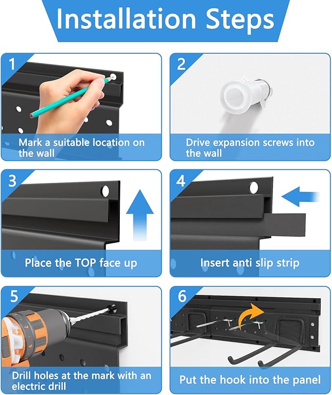 48 Inch Garage Storage Rack, Heavy Duty Wall Mount Organizer with 3 Metal Track Rails and 16 Hooks, Compatible with Pegboard and Slatwall, Black