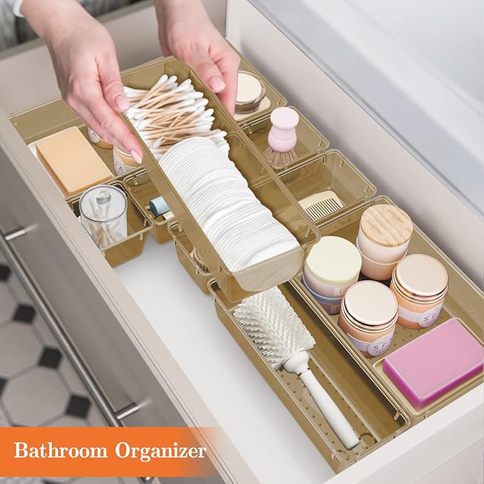 25 PCS Plastic Drawer Organizer Set, 4-Size Versatile Organizer Trays & storage Bins for Makeup, Jewelry, and Gadgets in Bathroom, Bedroom and Office,Champagne