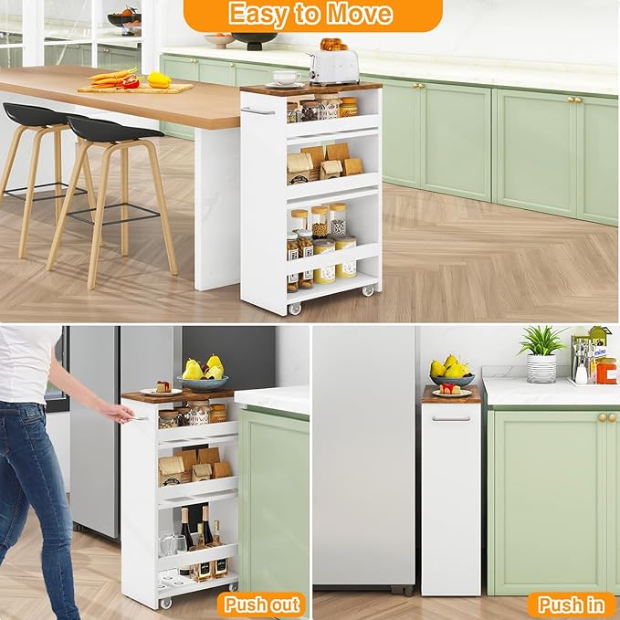IBUYKE Slim Storage Cart 7.9" W, Rolling Kitchen Storage cart on Wheels for Small Spaces, 4-Tier Laundry Cart with Handle, Slide Out Utility Cart for Kitchen, Bathroom, Laundry,White UWST005W-L