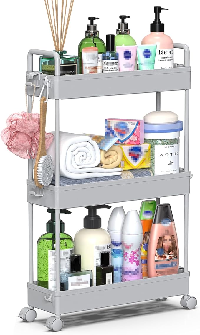 SOLEJAZZ Slim Rolling Storage Cart with Wheels 3 Tier Skinny Bathroom Storage Organizer Thin Laundry Room Utility Cart Space-Saving for Bedside Kitchen Office Small Narrow Places, Gray