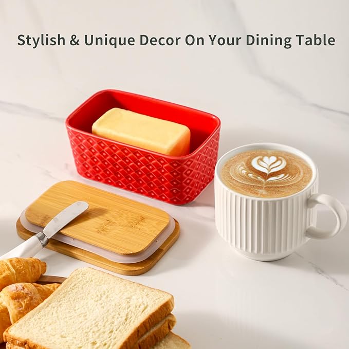 Hasense Ceramic Butter Dish with Lid, Large Butter Holder for Countertop Airtight Butter Stick Covered Keeper, Red Embossed Pattern Design,Holiday Gift