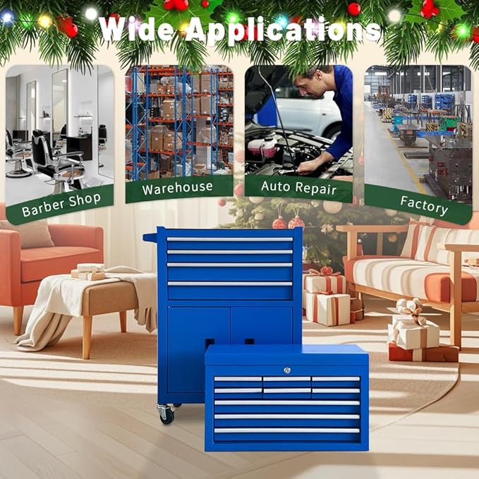 13-Drawer Rolling Tool Chest with Double Doors, 2 in 1 Detachable Rolling Tool Chest Combo, Mobile Tool Cabinet with Drawers, Metal Large Lockable Tool Box for Garage Workshop (Blue)