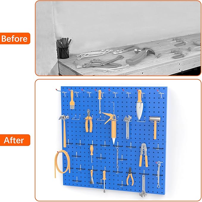 TORACK Metal Pegboard Wall Organizer 24" x 24" or 12" x 48", 70 PCS Tools Storage Pegboard for Garage Tool Organizer Pegboard with Peg Board Hooks for Workbench(Blue)