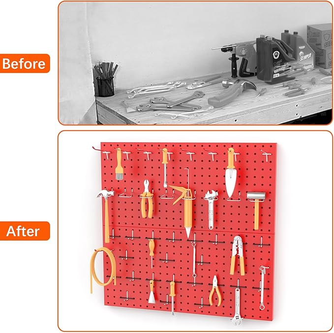 TORACK Metal Pegboard Wall Organizer 24" x 24" or 12" x 48", 70 PCS Tool Storage Pegboard for Garage Tool Organizer Board with Pegboard Hooks for Workbench(Red)