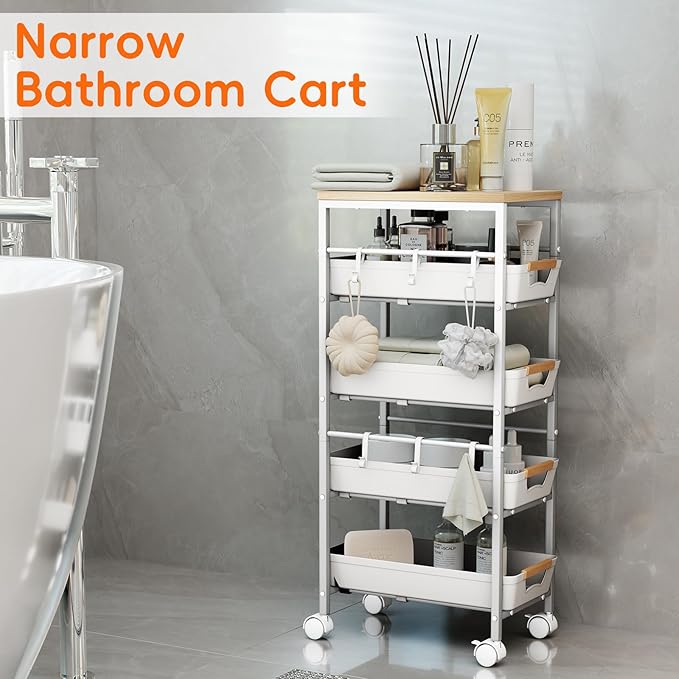 5-Tier Slim Storage Cart, Wooden Top Rolling Kitchen Cart with Pull-Out Baskets & Wheels, Narrow Space Utility Cart Slide Out Organizer for Kitchen, Bathroom, Laundry Room, White