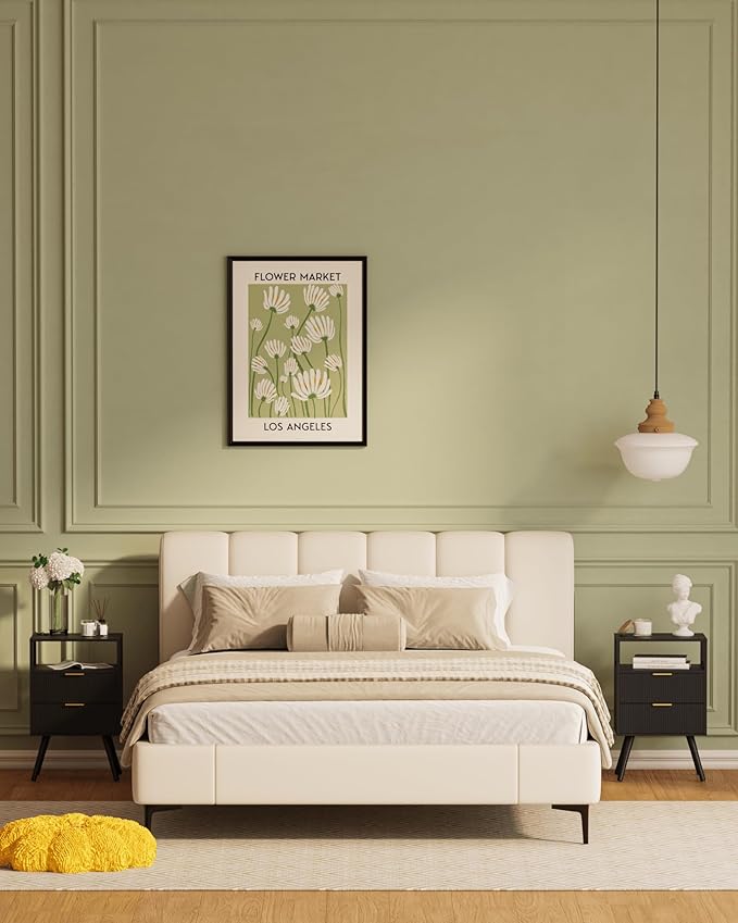 Black Nightstand,Modern Bedside Table with 2 Storage Drawer and Open Wood Shelf, for Bedroom and Small Spaces,Night Stand with Solid Wood Legs