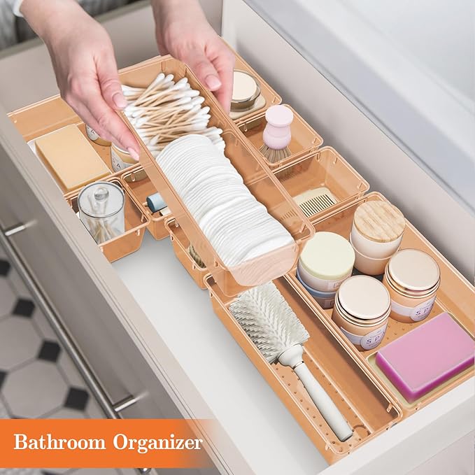 25 PCS Plastic Drawer Organizer Set, 4-Size Versatile Organizer Trays & storage Bins for Makeup, Jewelry, and Gadgets in Bathroom, Bedroom and Office,Orange