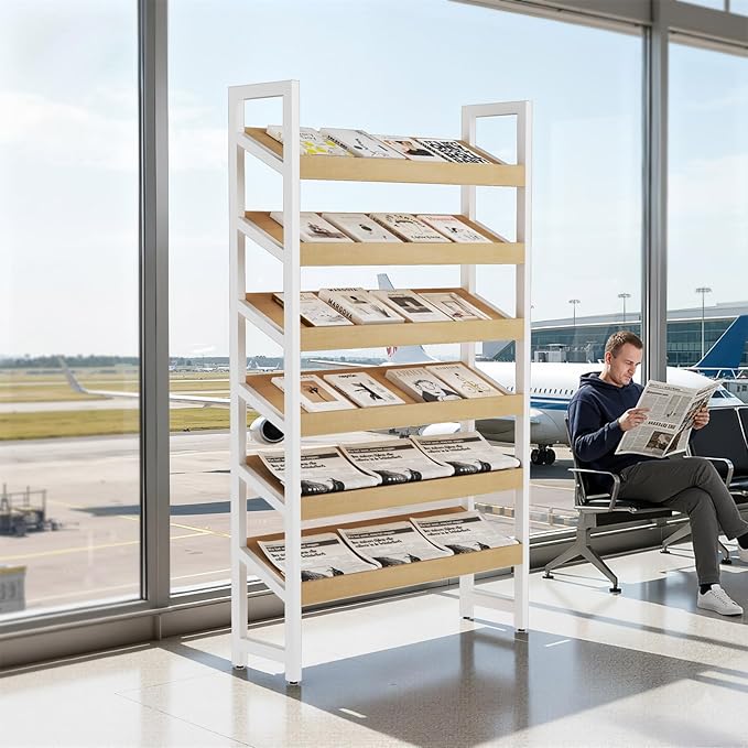 6-Tier Floor Standing Magazine Rack, Modern Literature Display Stand, Heavy Duty Steel Display Shelf with 38° Slant & 2.75" Lip, for Office/Airport/Bookstore/Library, 39"L x 12"W x 71"H (White)