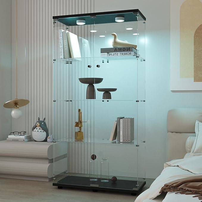 Beauty4U Glass Display Cabinet with Light, 4 Shelves with 2 Doors, Curio Cabinets for Living Room, Bedroom, Office, Black Floor Standing Glass Bookshelf, Quick Installation
