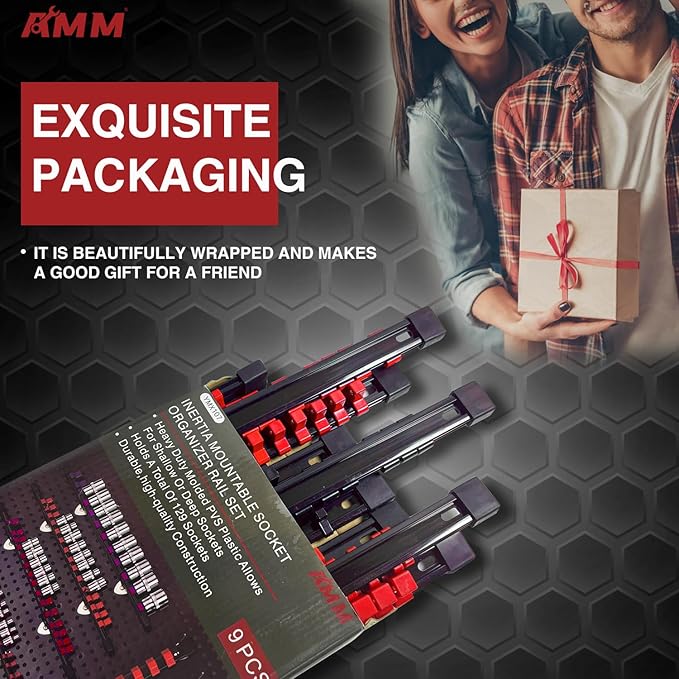 AMM 9-Piece Socket Organizer, 1/2, 3/8 & 1/4 inch Drive ABS Socket Holder, Heavy Duty Socket Racks