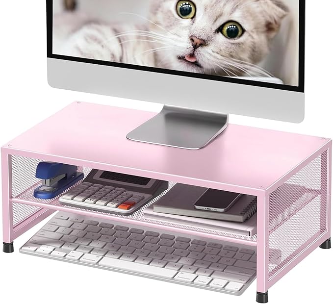 Desk Organizers and Accessories, 2-Tier Metal Computer Monitor Stand Riser, Desk Organizer for Monitor, Printer & Laptop Stand, Desktop Workspace Organizers for Office Supplies(Pink)