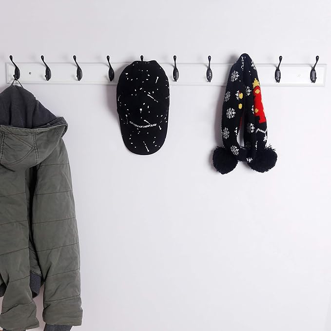 Dseap Coat Rack Wall Mounted: 10-Hooks, 16" Hole to Hole, 38-1/4" Long, Wood Coat Hooks Wall Mounted, Hook Rack, Hook Rail, Hooks for Hanging Coats, White & Black