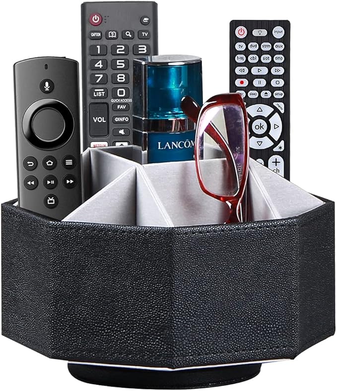 Leather Remote Control Holder,360 Degree Spinning TV Remote Caddy,9 Grids Desk Organizers and Accessories for Storage Controller,Calculator,Mail,Media,Pen,Phone etc(Black Fish pattern)