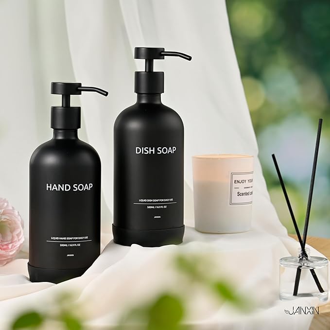 Glass Kitchen Soap Dispenser Set with Ceramic Tray,16.9 floz Hand and Dish Soap Dispenser for Kitchen and Bathroom Decor (Black Bottles +Black Pumps)