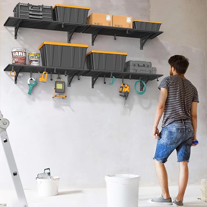 4-Pack 1.5x4ft Garage Shelving Wall Mounted, 1.5 x 4' Heavy Duty Garage Storage Shelves with Hooks, 800LB Capacity
