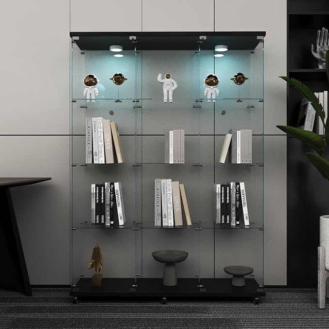 Beauty4U Glass Display Cabinet with LED Lights, Extra Large 3 Columns 2 Doors Curio Cabinets with 12 Shelves for Living Room, Bedroom, Office, Black Floor Standing DIY Glass Bookshelf