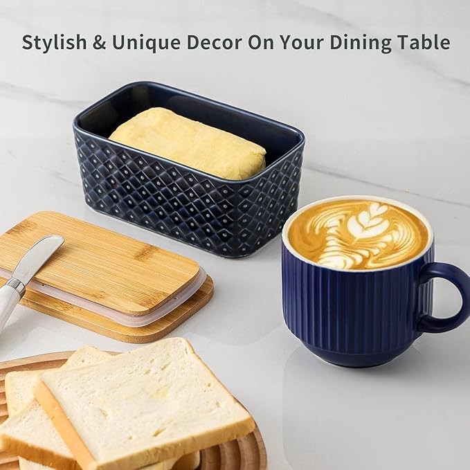 Hasense Ceramic Butter Dish with Lid, Large Butter Container for Countertop Airtight Butter Stick Covered Keeper,Navy Blue Embossed Pattern,Easy Clean Dishwasher Safe