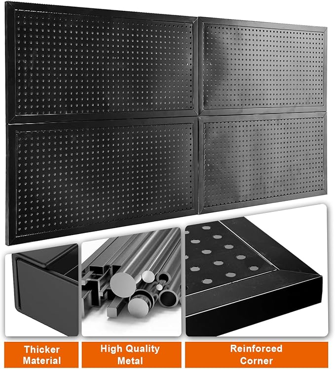 48x24 Inch Metal Pegboard Wall Organizer, Black Pegboard Panels Tool Organizer Kit with Accessories Hooks and Bins, Peg Board Utility Tool Storage for Garage Workbench Shed