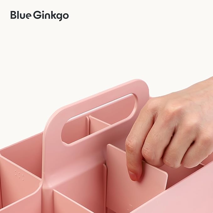 BLUE GINKGO Stackable Organizer Caddy – Korean-Made Portable Tote for Bathroom, Office, Crafts, or School Supplies (Long Rectangle, Pink)