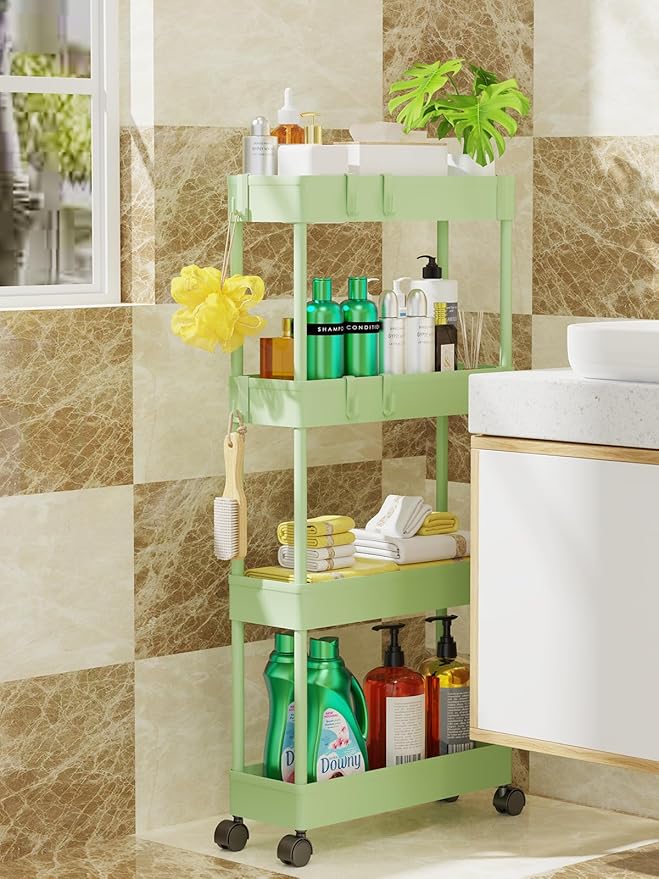 LEHOM 5.1" Slim Storage Cart - 4 Tiers Bathroom Organizer Mobile Shelving Unit Storage Rolling Utility Cart Slide Out Organizer for Kitchen Bathroom Laundry Narrow Places, Green