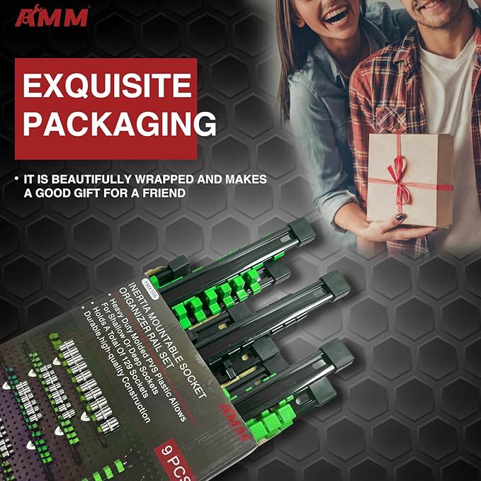 AMM 9-Piece Socket Organizer, 1/2 inch, 3/8 inch and 1/4 inch Drive ABS Tools-Green Socket Holder,Heavy Duty Socket Racks, Premium Quality Socket Clip Rail Holder,The Best Tool Trays in The Garage