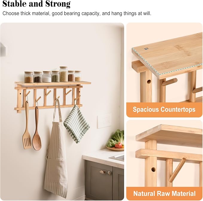 Coat Rack Wall-Mounted with Shelf Coat Hooks Wall Mount with Shelf Entryway Hanging Shelves with 6 Rotating Hooks for Hallway/Living Room/Bedroom/Kitchen (Bamboo)