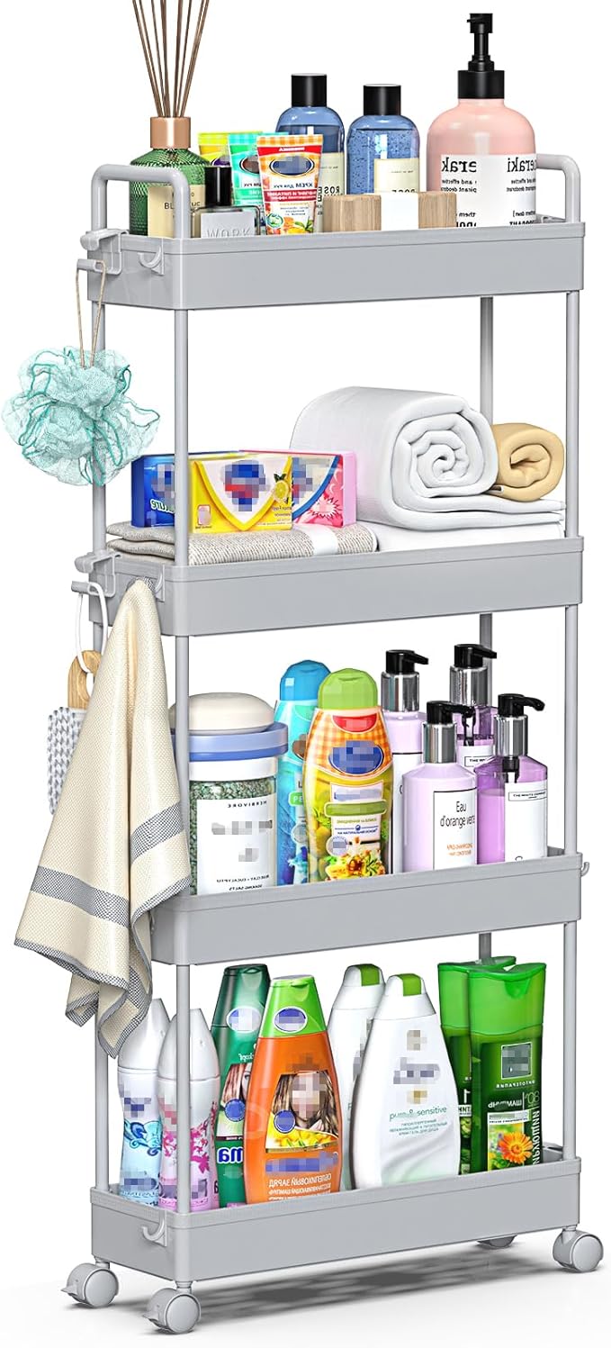 SOLEJAZZ Slim Rolling Storage Cart with Wheels 4 Tier Skinny Bathroom Storage Organizer Narrow Shelf Unit Thin Laundry Room Utility Cart for Bedside Kitchen Office Next to Fridge Small Places, Gray