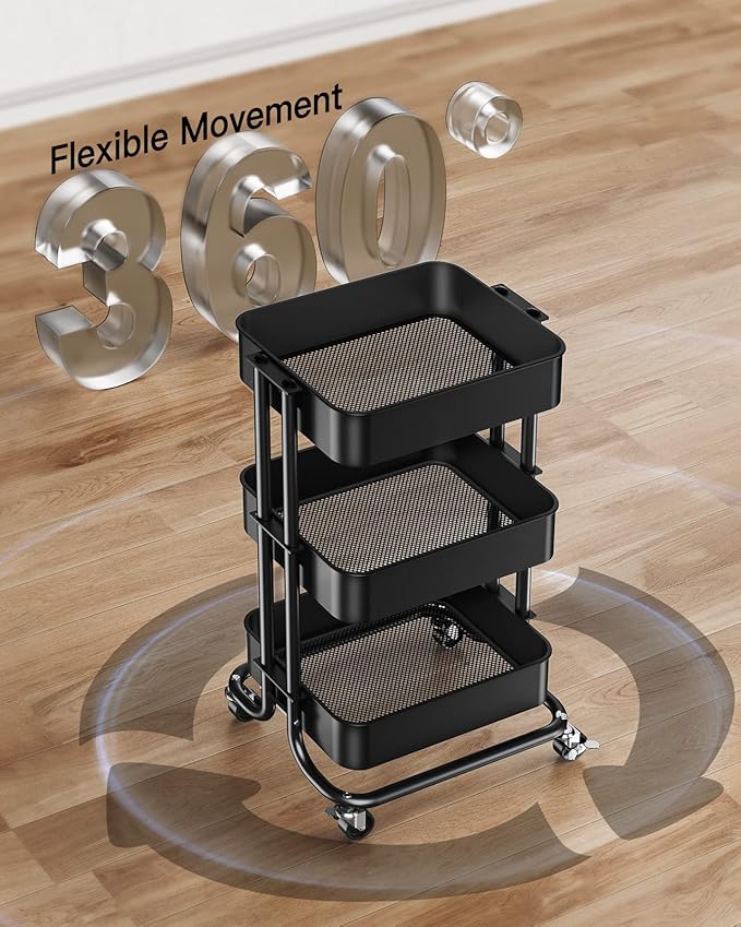 Pipishell 3 Tier Metal Rolling Utility Cart, Heavy-Duty Storage Rolling Cart with 2 Lockable Wheels, Multifunctional Mesh Organization Utility Cart for Kitchen Dining Room Living Room (Black)